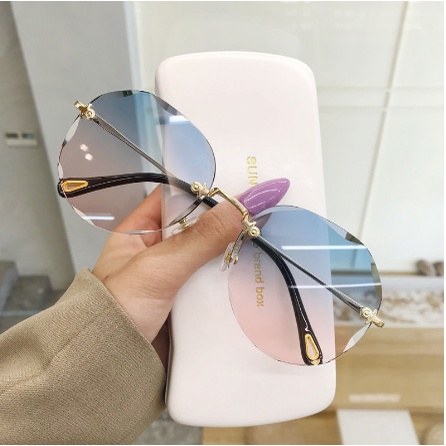 Kacamata Fashion Wanita Gaya Korea Frameless Kacamata Hitam Bulat Sunglasses Women Anti Silau UV Original