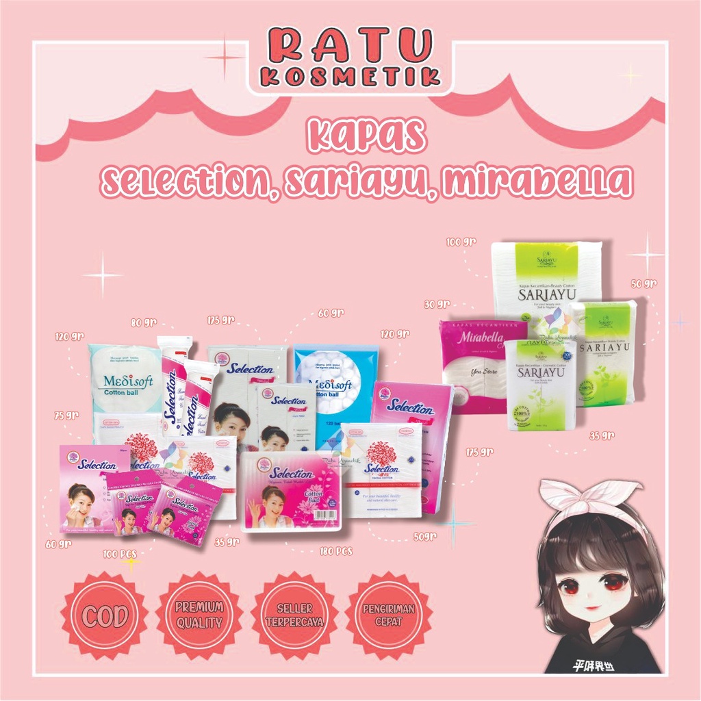 ❤ RATU ❤ Selection Kapas Kecantikan Tebal, Tipis, Oval, Bulat | Cotton Bud | Cotton Balls | Mirabella | Sari Ayu | Kapas Wajah Sariayu Mirabela