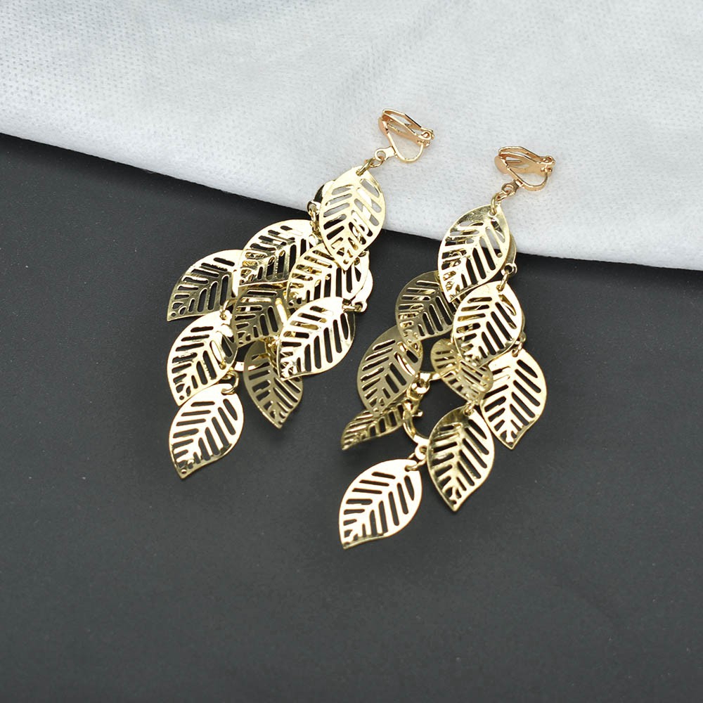 Anting Klip Tanpa Tindik Bentuk Daun Multilayer Bahan Metal Warna Goldsilver Untuk Wanita