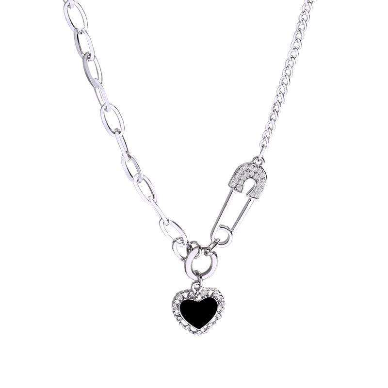 YEEZII Kalung Choker Rantai Warna Silver Bentuk Hati Hitam