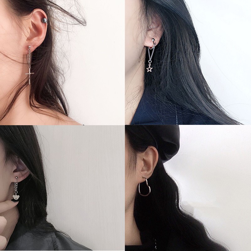 [ACKER] Sederhana Hip-Hop Cross Back Button Anting Pejantan Rantai Kecil Terintegrasi Untuk Pria Dan Wanita