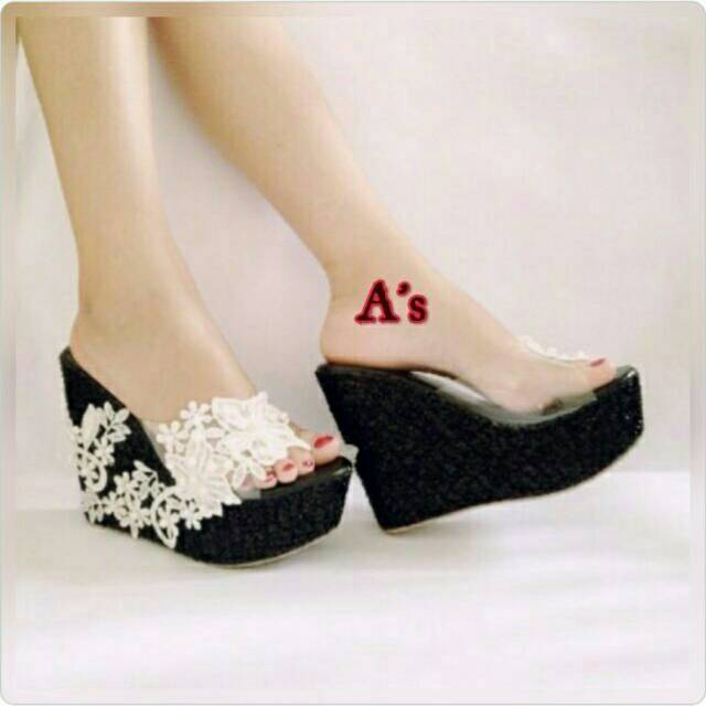 Wedges wanita Wedges glitter Wedges 12cm Wedges bunga wedges motif cantik wedges pesta