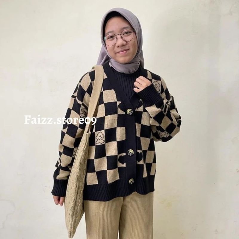 JASMINE CARDY RAJUT IMPORT OVERSIZE/CARDIGAN MOTIF KOTAK CATUR LOVED BAHAN RAJUT TEBAL LEMBUT PREMIUM STORE09 MURAH