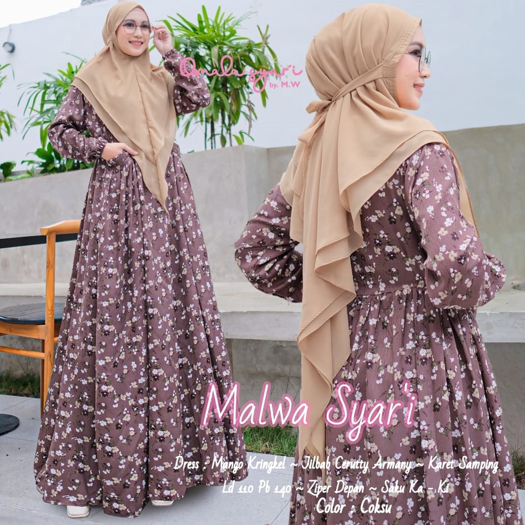 MALWA SET SYARI'I BY OMALA SYAR'I LD 110CM PB. 140CM BAHAN DRESS MANGO KRINKLE || JILBAB CERUTY BABY