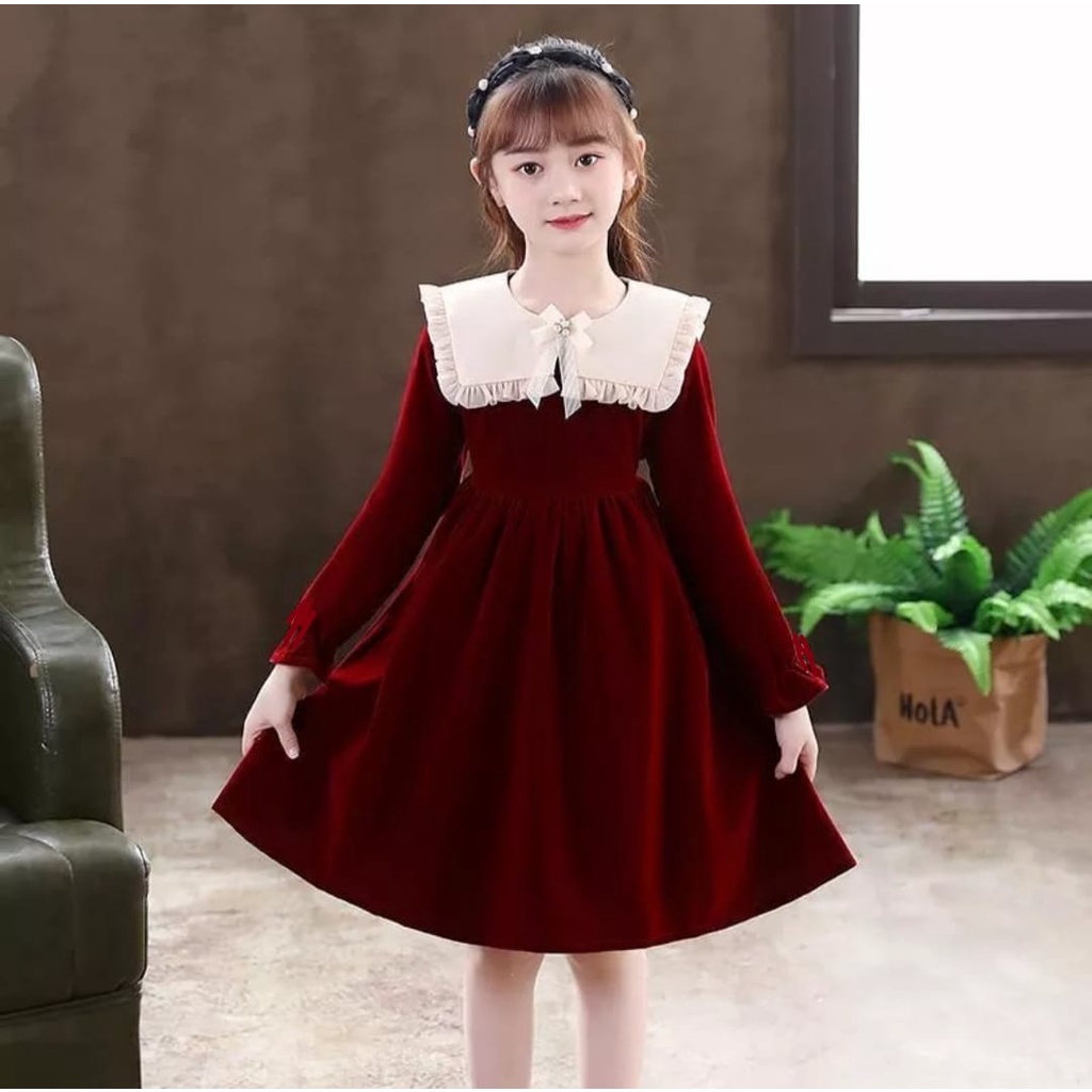 QFS - DRESS ANAK  KOREA CATHERIN /UMUR 7-10 TAHUN / MAROON / HITAM / TERBARU / TERPOPULER/KOREA