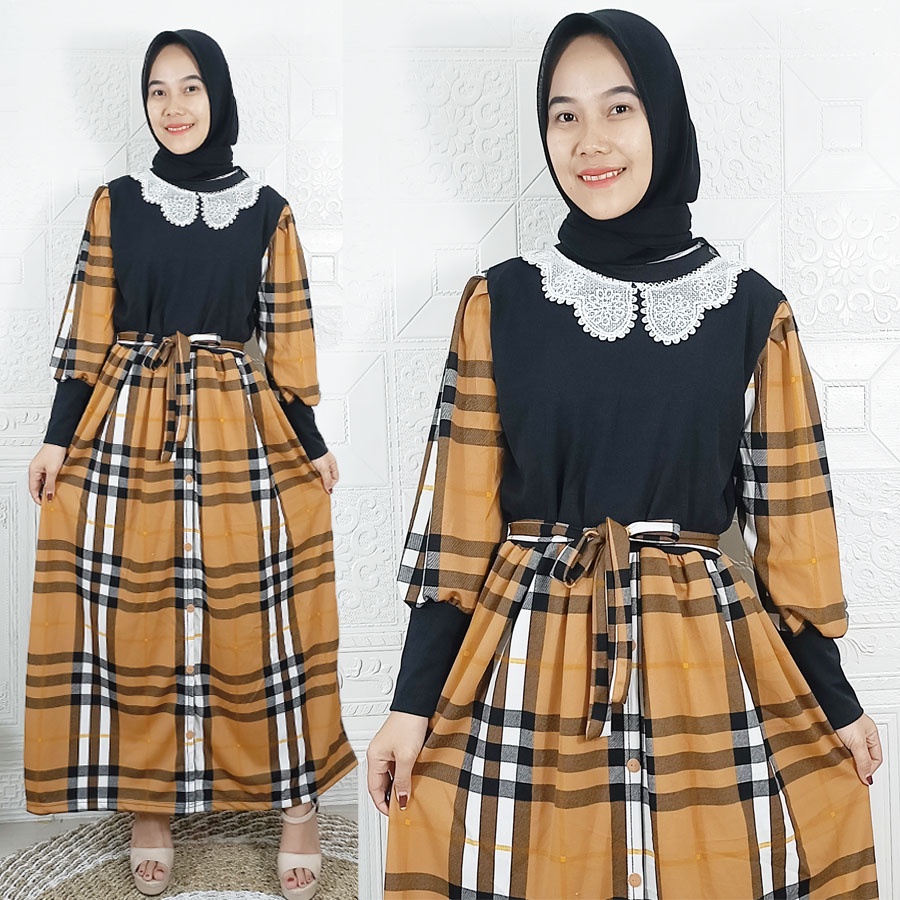 DRESS MIDI KOTAK BURBERRRY RENDA CANTIK WANITA CARLINA FASHION