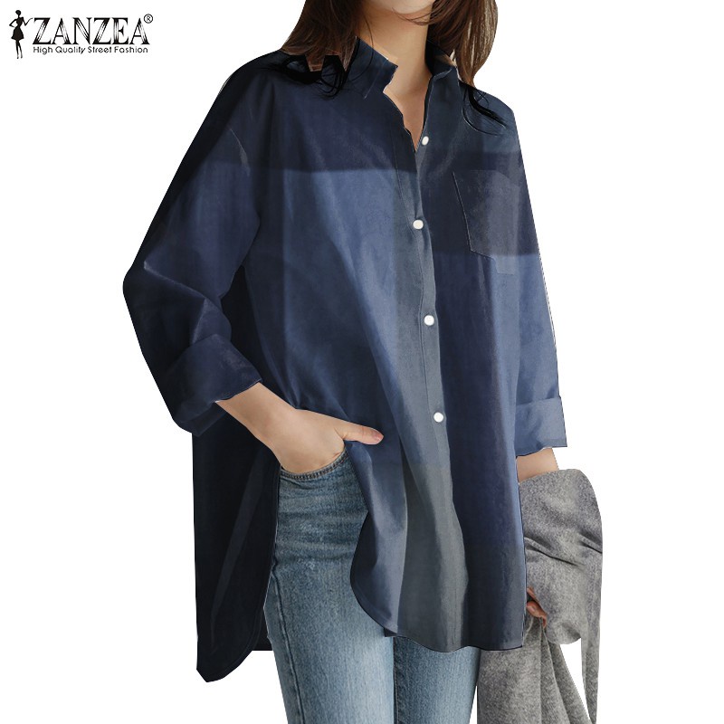 ZANZEA Women Casual Long Sleeve Collared Plaid Buttons Blouse