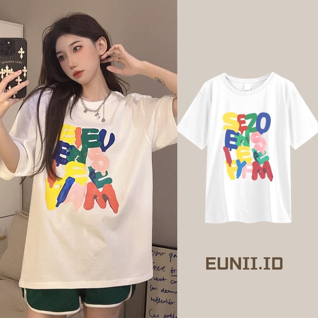 EUNII T-shirt Lengan Pendek Warna Bahasa Inggris Coretan Pencetakan Longgar Korean Style/Kaos Atasan Wanita/Baju Kaus Oversize Wanita