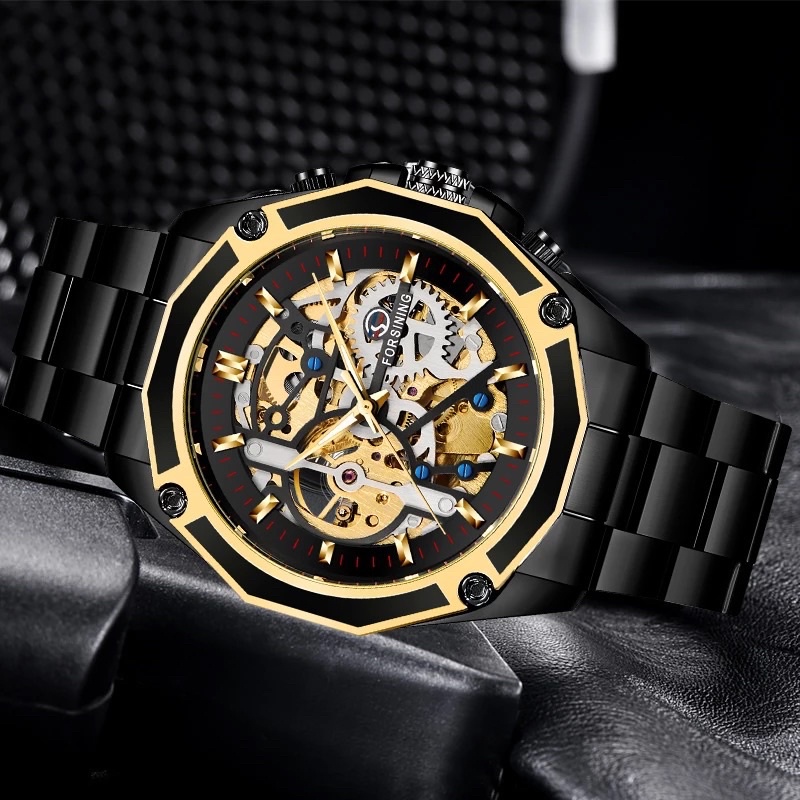 Jam Tangan Pria Forsining Original Mekanik Otomatis Bisnis Luxury Skeleton Black Stainless Steel