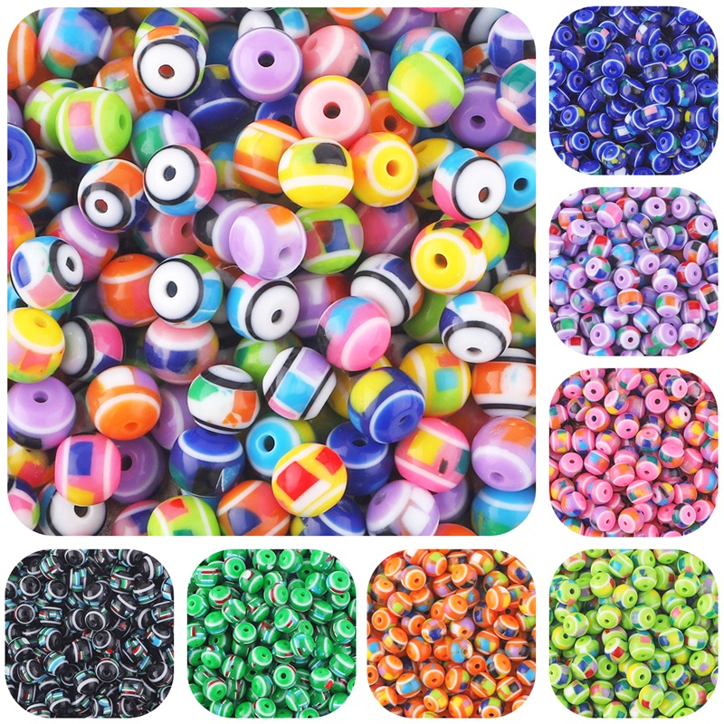 50pcs Manik-Manik Resin Bulat Motif Garis Warna Pelangi Handmade Untuk Membuat Perhiasan