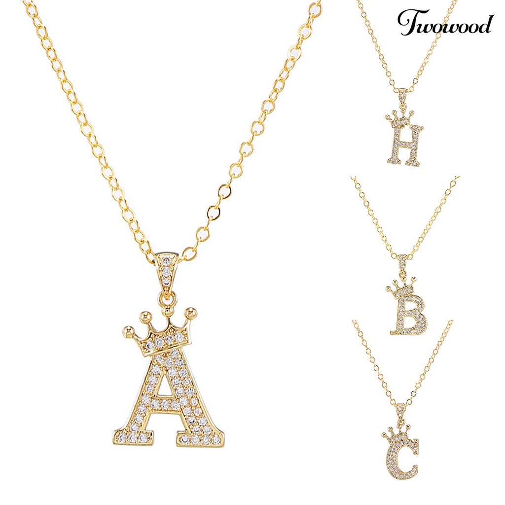 Twowood Letter Necklace Rhinestone Crown Letter Pendant Adjustable Chain Women Necklace for Gift