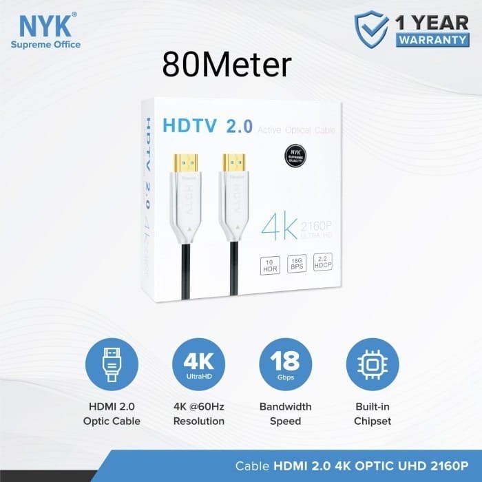 NYK Kabel 80Meter Active Fiber Optic HDMI 2160P ULTRA HD 4K HDR