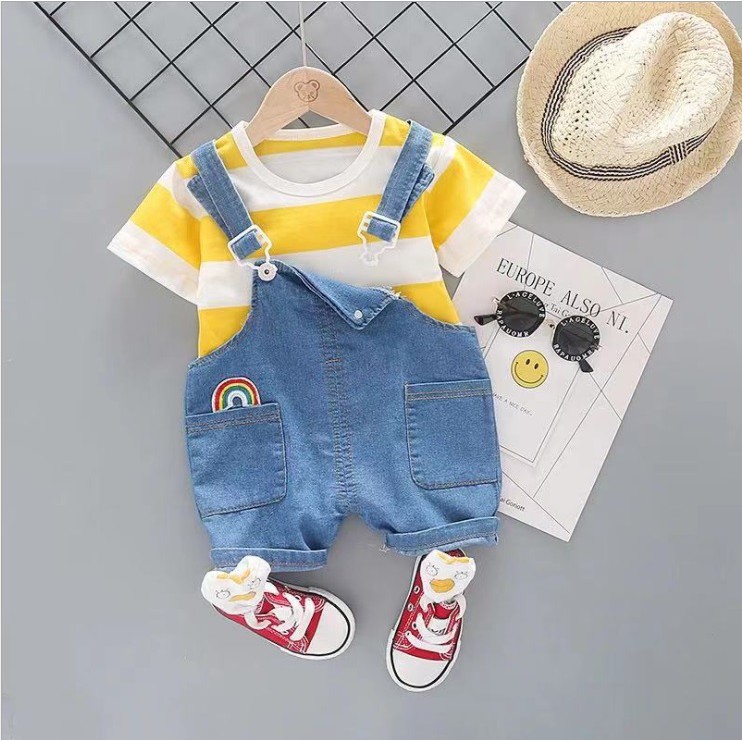 Setelan kaos dan overall bayi anak /baju setelan anak  /pakaian anak motif stripes kualitas premium