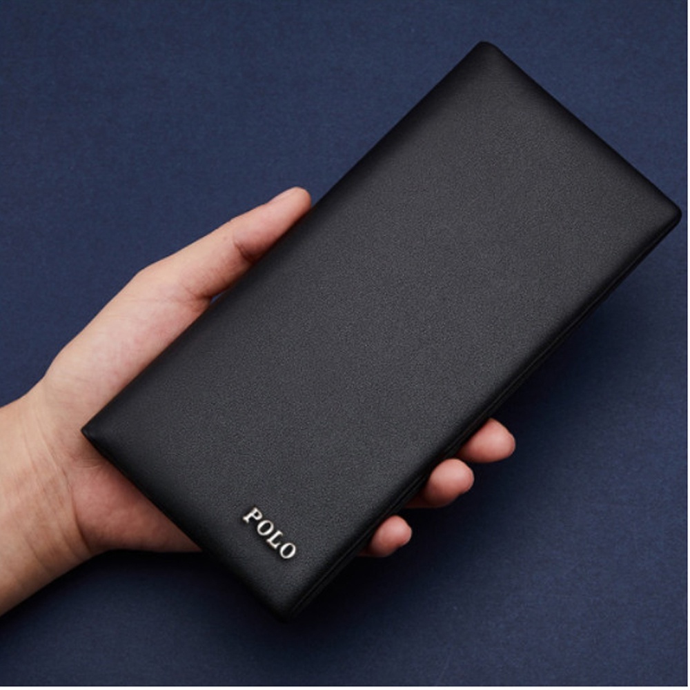 SHOPEE 6.6 SUPER SALE!! Dompet POLO Dompet Panjang Pria dan Wanita P-10 Dompet Kulit Panjang Model Casual Formal Dompet Lipat Dua - Black + Bonus Box