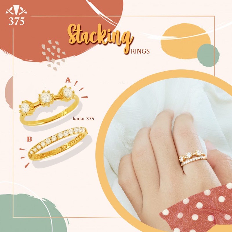 Cincin stacking rings tumpuk 2 cincin 3 batu listring emas asli kadar 375