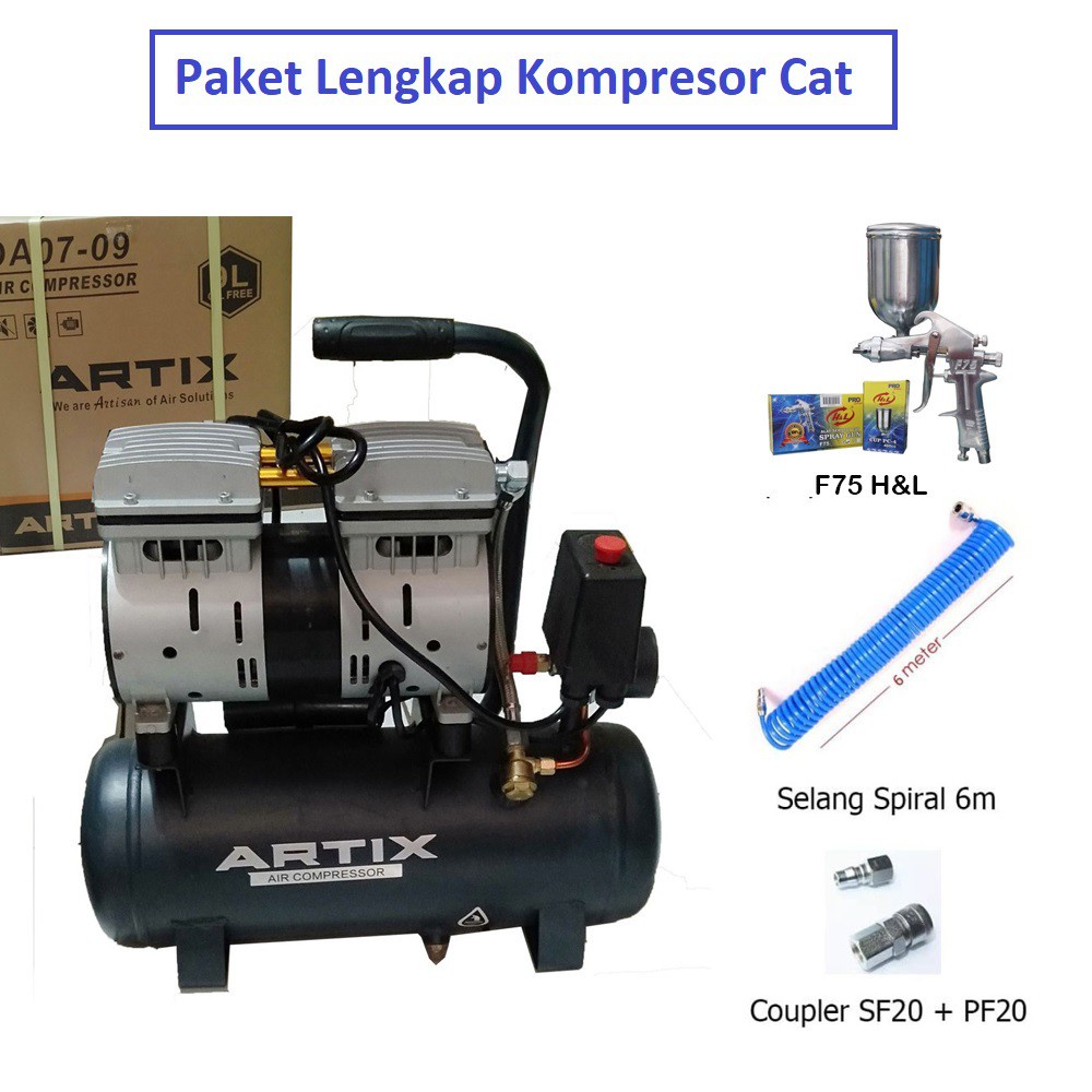 [5ITEM] Paket Lengkap Siap Pakai Kompresor Artix 3/4 HP 9L Spray Gun Selang