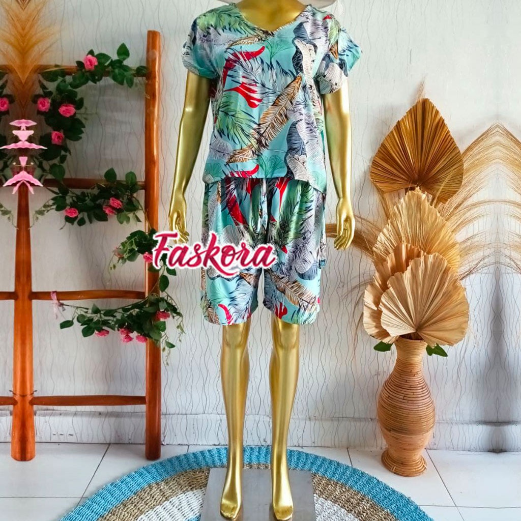 One Set Rayon Lengan Pendek Jumbo Retro / Setelan Rayon Pendek Jumbo Wanita / One Set Pendek Jumbo