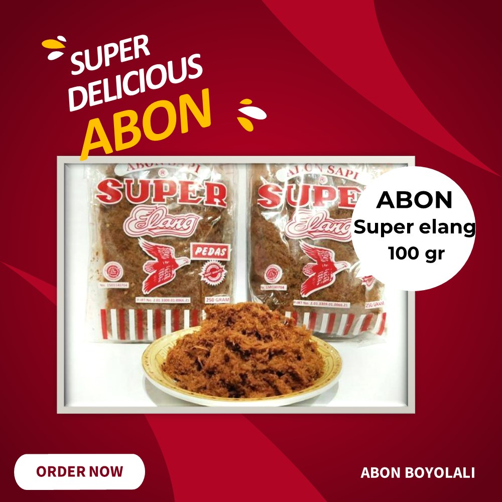 

Abon Sapi Super Elang Original Halal Solo Boyolali kemasan100gr Lebih Enak Unggul dan Gurih Asli Boyolali