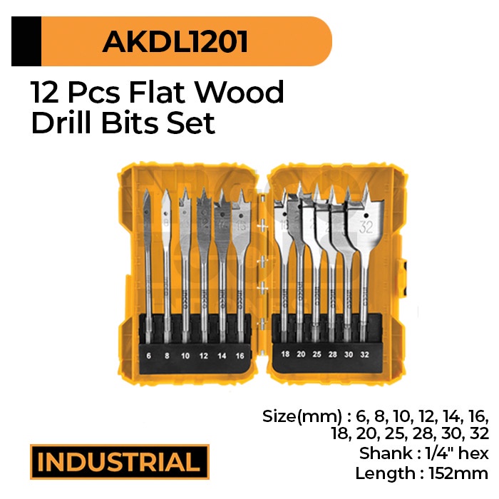 12-Pcs Flat Wood Drill Bits (6-32mm) INGCO AKDL1201 Mata Bor Kayu Kipas Paddle