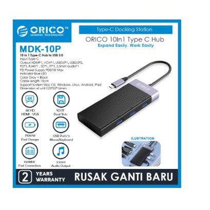 Type c to hdtv vga rj45 lan usb 3.0 hub sd Tf card pd usb-c audio 3.5mm converter orico 10in1 docking 4k 1080p 5Gbps 480Mbps 87w 10/100Mbps mdk-10p