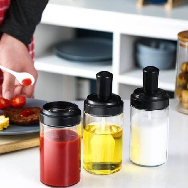 BBKL Tempat Bumbu Dapur Botol Bumbu Kaca Lengkap Dengan Sendok Kuas Minyak Pengaduk Madu Tempat Bumbu