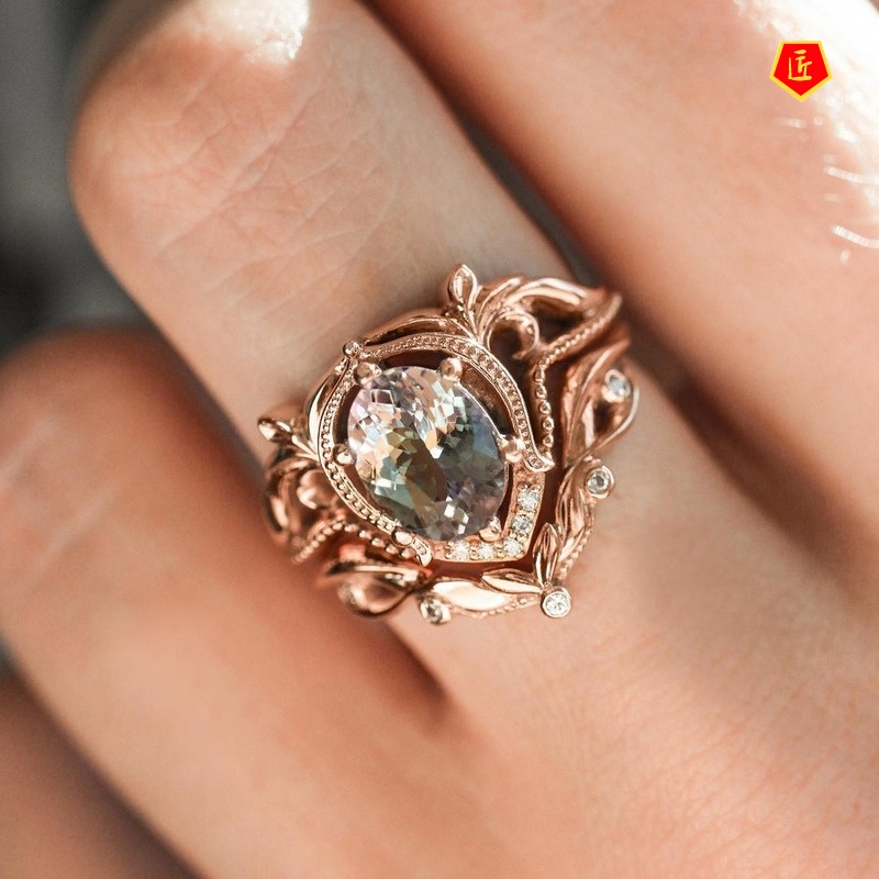 [Ready Stock]Exquisite Inlaid Opal Ring Set Female 18K Rose Gold