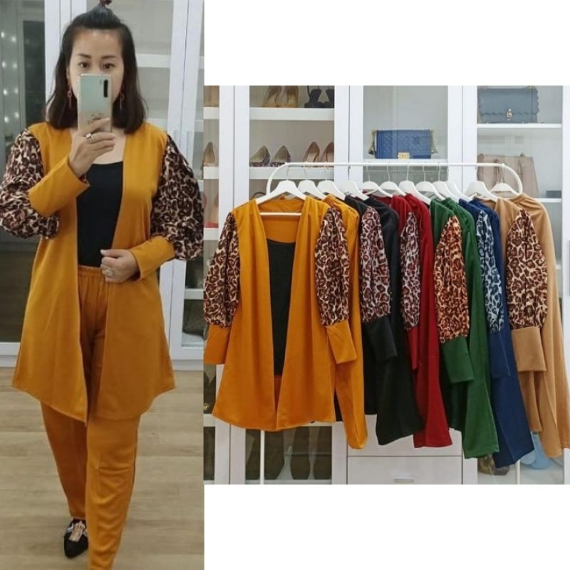 SETELAN CELANA DAN CARDIGAN LEOPARD PAKAIAN WANITA BAJU SETCEL POLOS