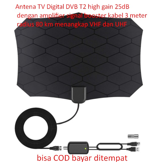Antena TV Digital DVB T2 high gain 25dB dengan amplifier signal booster kabel 3 meter radius 80 km m