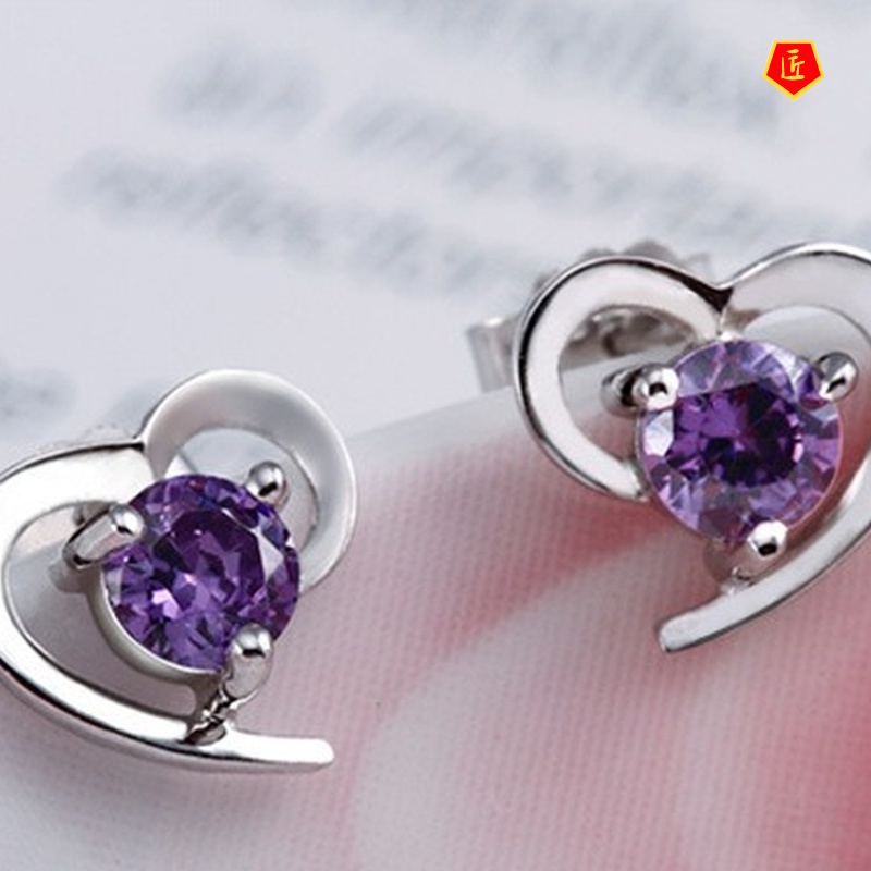 [Ready Stock]Cute Heart Shape Fashion Amethyst Stud Earrings