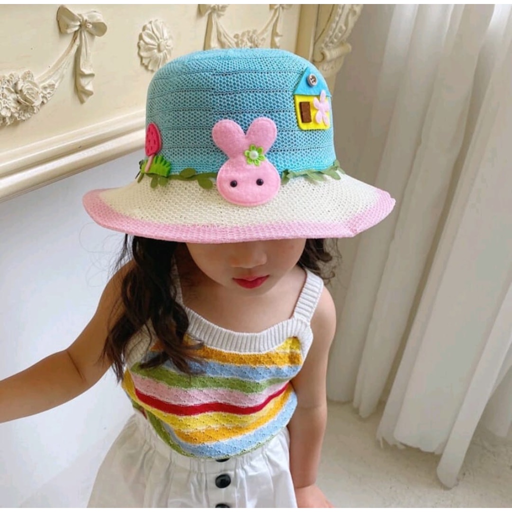 Topi Anak Perempuan Lebar Motif Kelinci Lucu Import