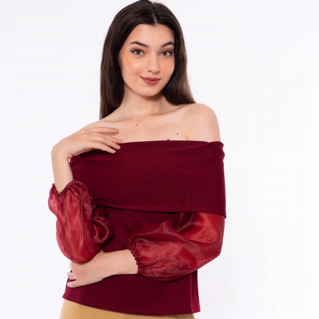 Diane Top Maroon - Baju Atasan Blouse Blus Scuba OffShoulder Sabrina Lengan Tangan Balon Wanita