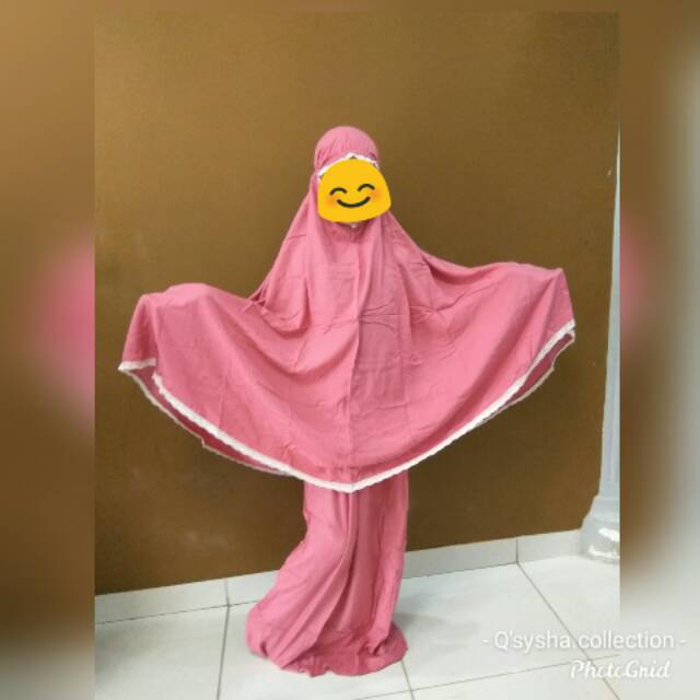 Mukena anak polos renda dusty pink