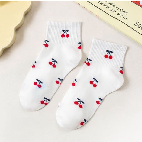 DF KK205 Kaos Kaki Wanita Motif Cherry Merah Kaos Kaki Pendek Socks Fashion Korean
