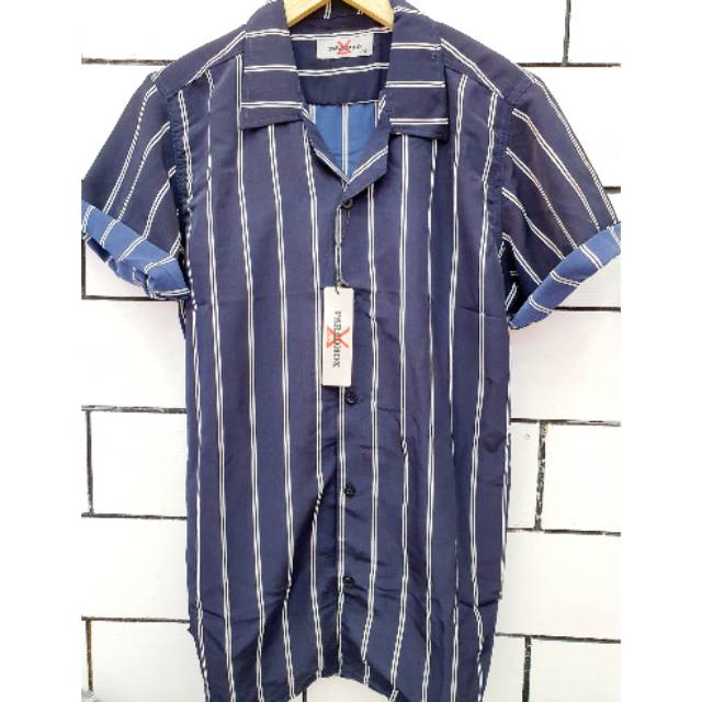 Kemeja salur navy sripe putih kerah piyama