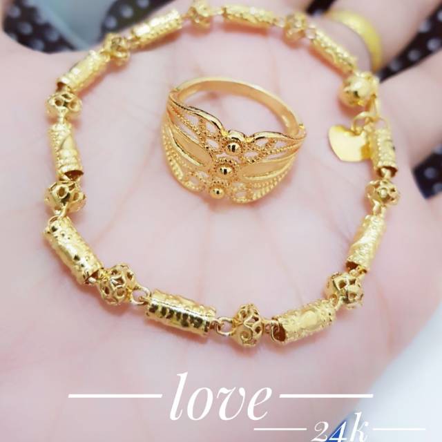 Gelang tangan rantai bambu plus cincin cantik lapisi mas 24 k