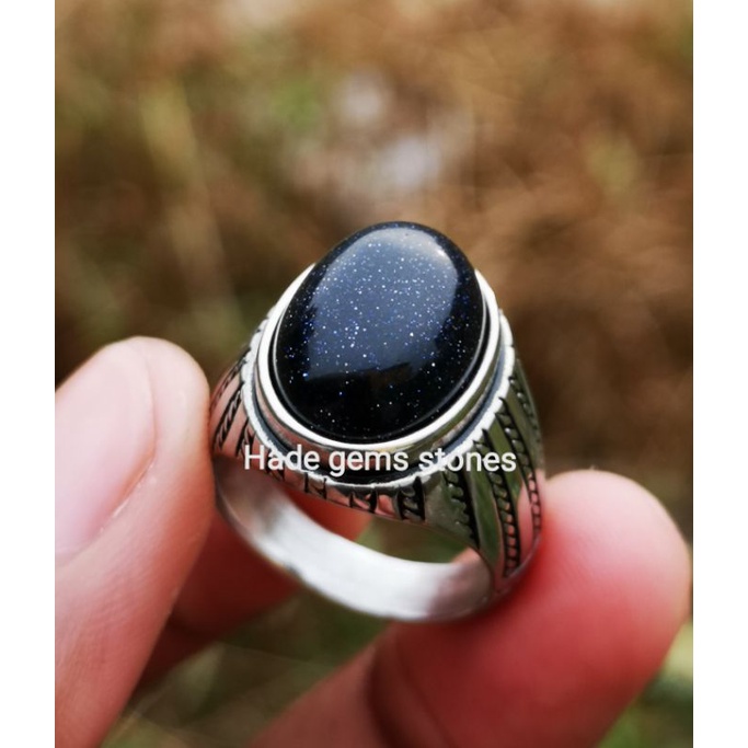 cincin pria batu pasir intan warna biru kehitaman super kualitas