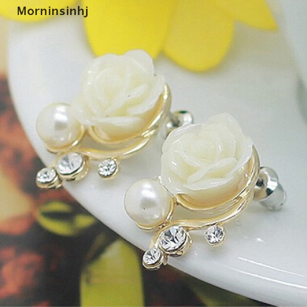 Mornin Wanita Manis Fashion Earings Rose Shaped Mutiara Buatan Berlian Stud Earrings id