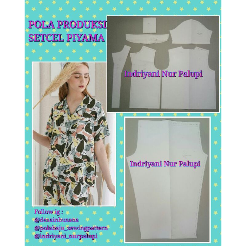 Pola Baju Setelan piyama wanita kerah rever 010 - Pola Instan untuk produksi konveksi baju piyama