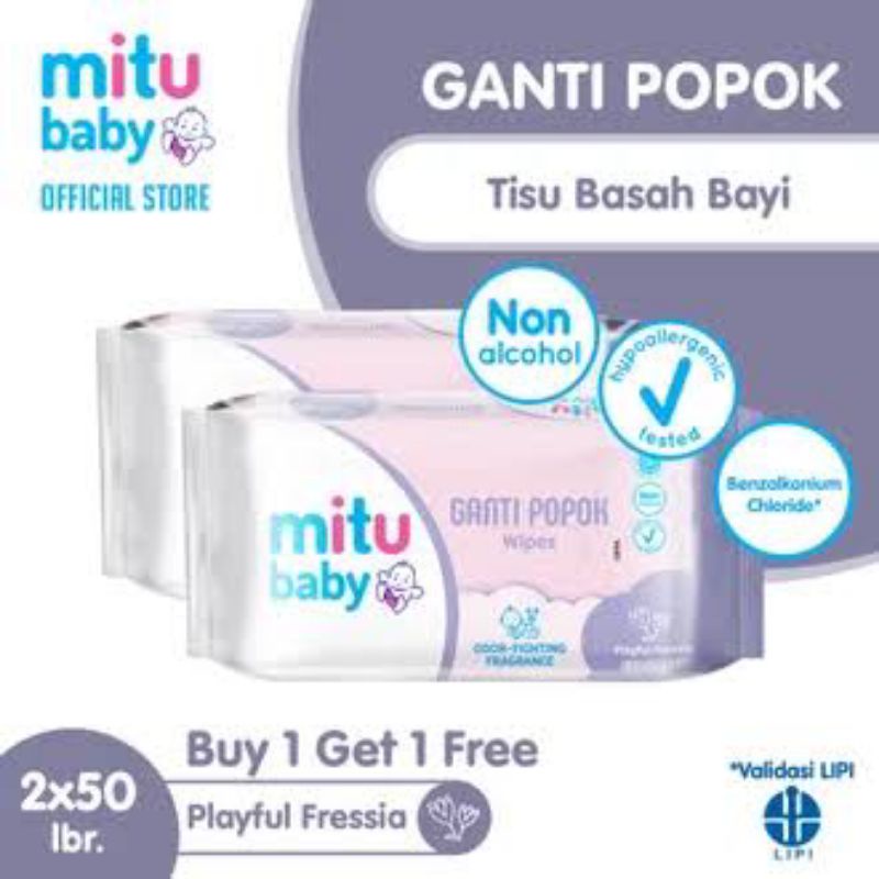 ORIGINAL MITU BABY WIPES GANTI POPOK 50 SHEETS X 2 PLAYFUL FRESSIA TISU BASAH BAYI