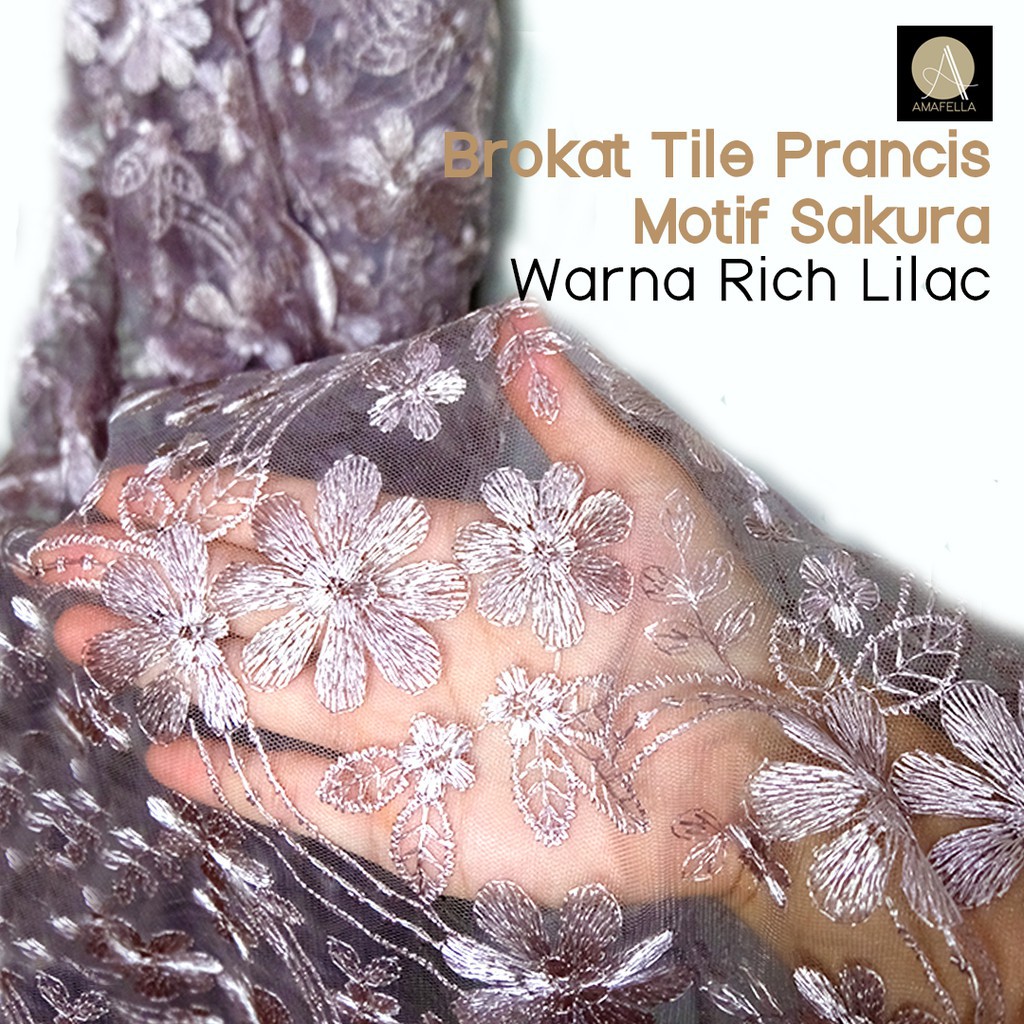 1/2 meter Kain Brokat Tile Prancis Bahan Kebaya Motif Sakura Warna Rich Lilac / Ungu