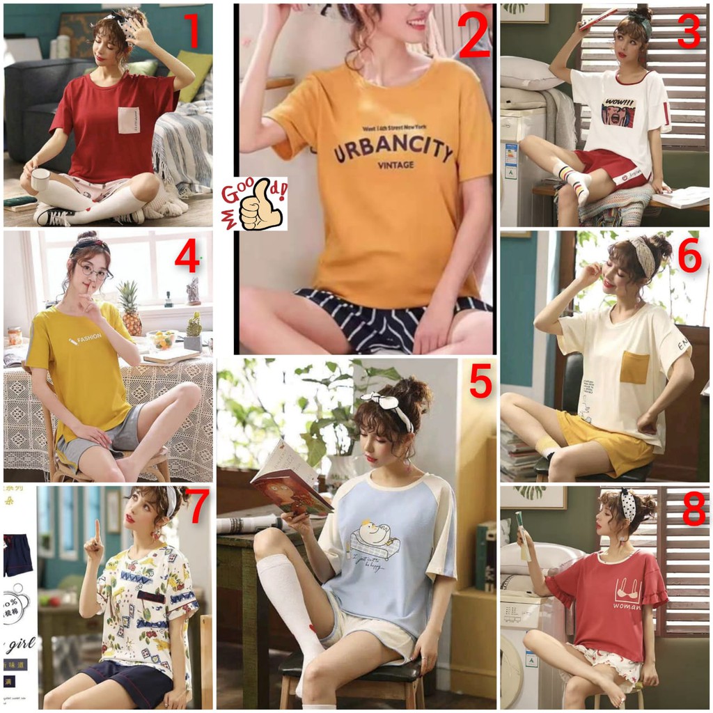 BAJU TIDUR PIYAMA CEWEK KAOS KATUN IMPORT BERKUALITAS LENGAN PENDEK SETELAN CELANA PENDEK HOTPANTS MOTIF CANTIK TERBARU SIZE M-XXL FIT TO 75KG