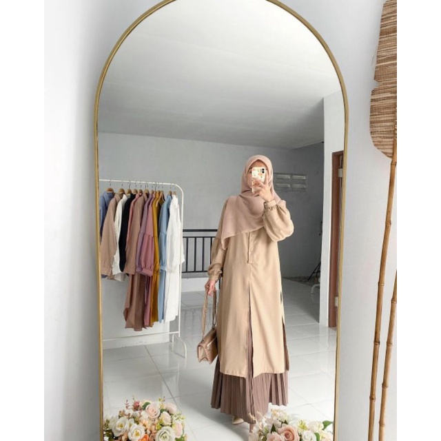 COD - SET SYIFA LONG TUNIK / SETELAN ROK DAN TUNIK WOLLYCREPE TANGAN BALON FULL KANCING