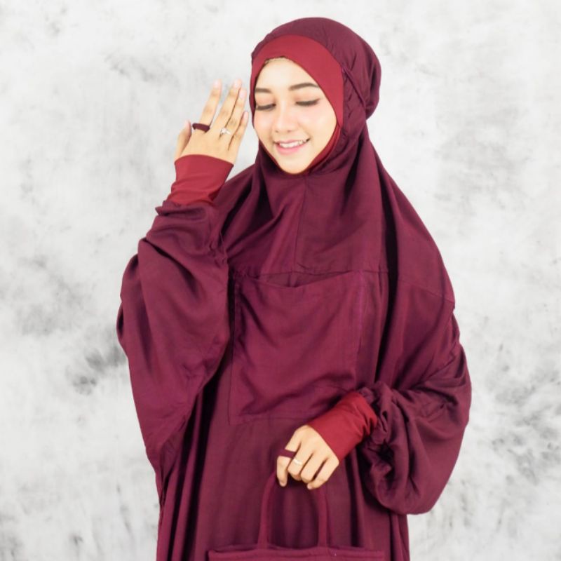 Mukena Dewasa Terusan Terbaru Mukenah Hadramaut Terompah Bordir Polos Bahan Rayon Super Jumbo 2IN1 Traveling Hitam Putih Pashmina