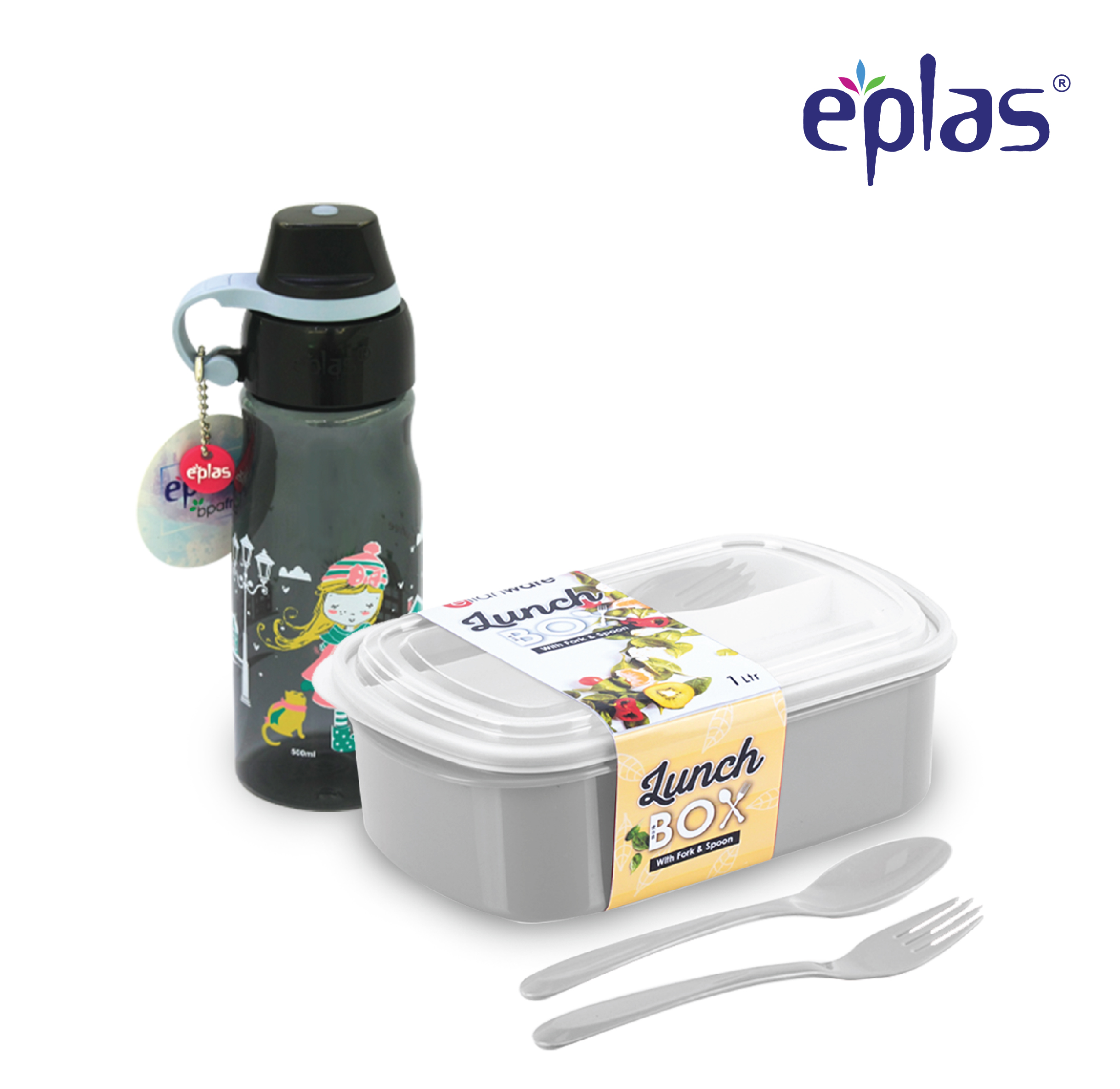 EPLAS Offer Pack 2 In 1 Kids Bottle & Lunch Box Bento Set, 1000ML+ 500ML, Botol Air