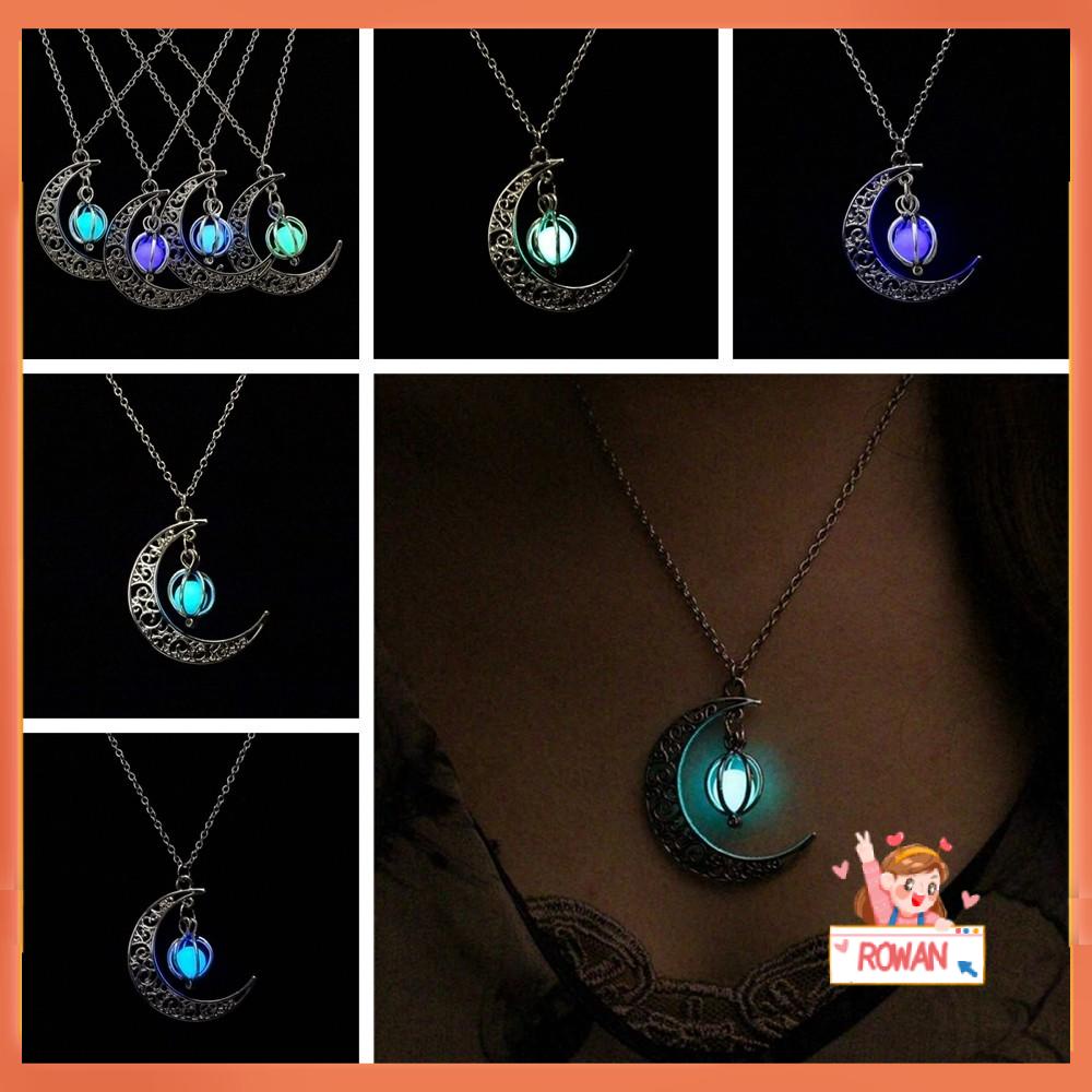 Kalung Liontin Bulan Dan Labu Luminous Glow In The Dark Multicolor Lapis Silver Untuk Unisex