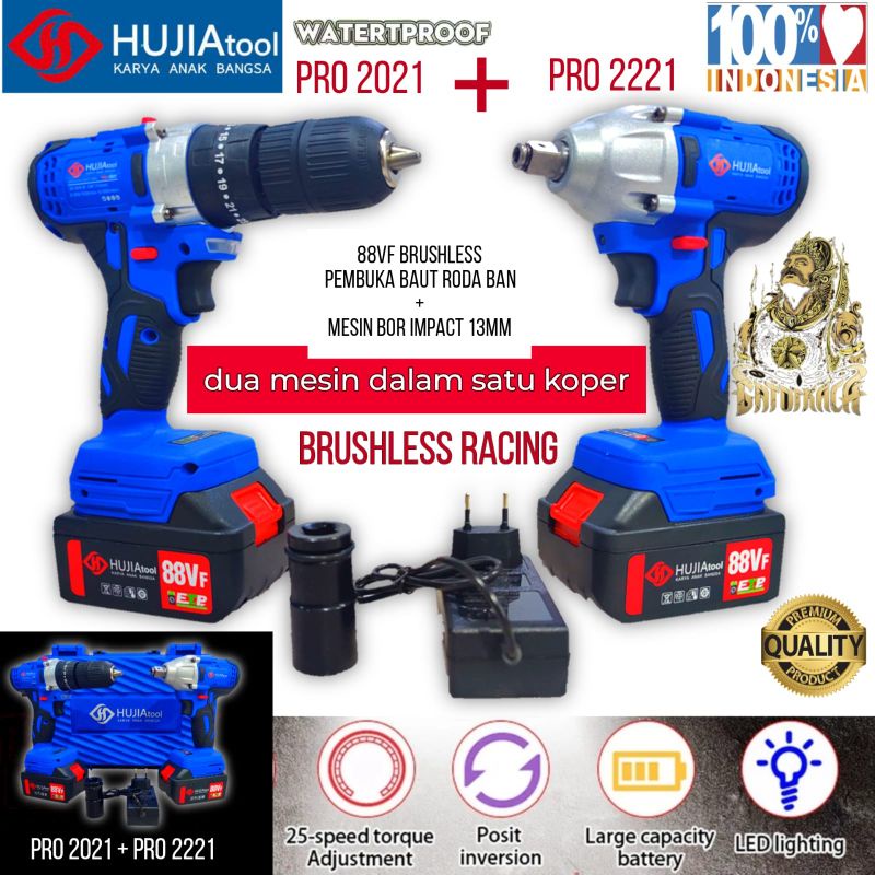 Impact wrench + mesin bor baterai cordless drill hujia pembuka baut komplit paket hemat pro2021 pro 