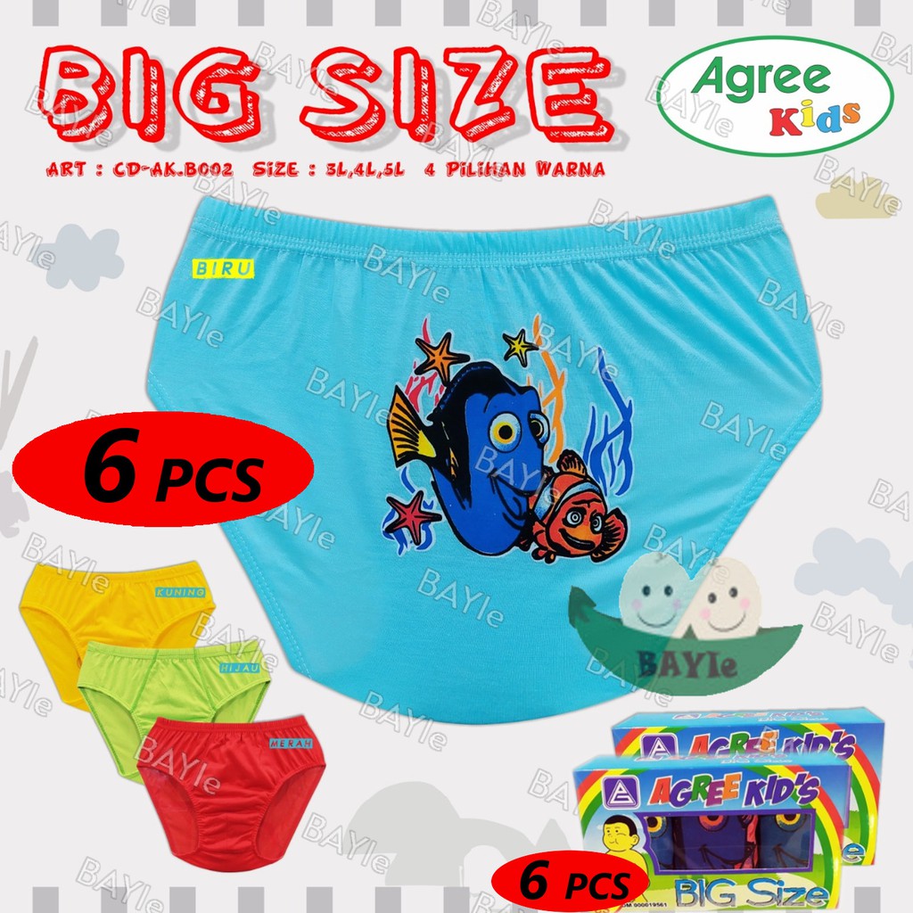 BAYIe - 6 Pcs Celana Dalam / CD Anak Laki-laki Cowok BIG SIZE/JUMBO AGREE KIDS AKB 002/ sempak anak  Size 3L 4L 5L