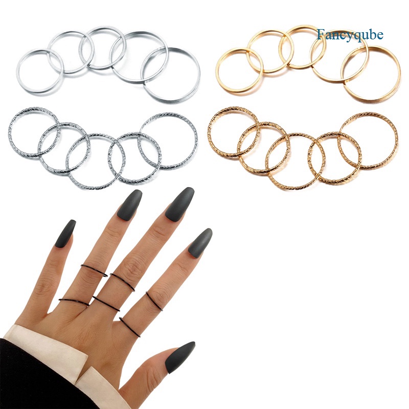 Fancyqube 6pcs / Set Cincin Model Terbuka Desain Geometri Warna Gold / Silver Gaya Punk / Hip Hop Untuk Wanita
