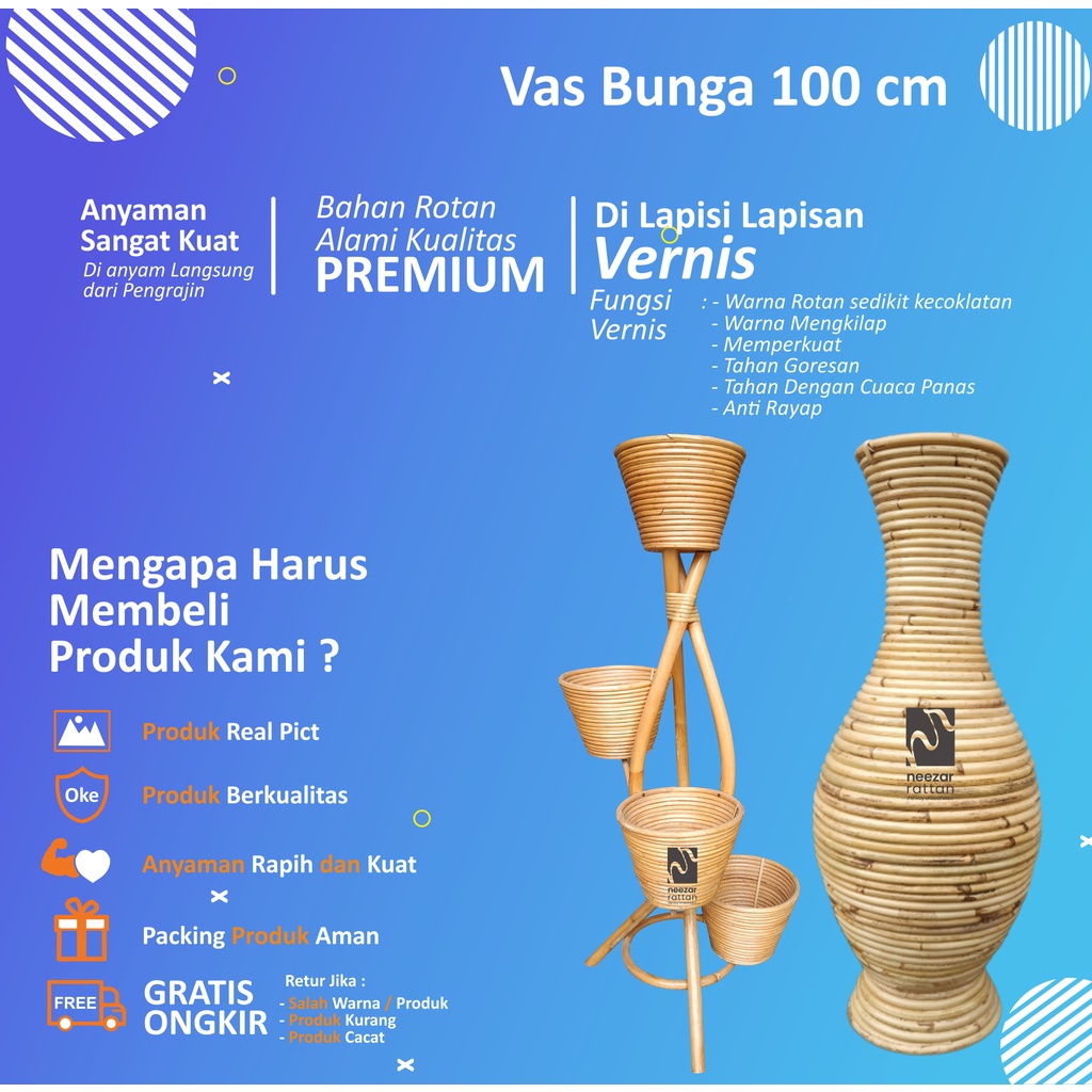 Vas Pot Guci Tempat Bunga dari rotan tinggi 100 cm