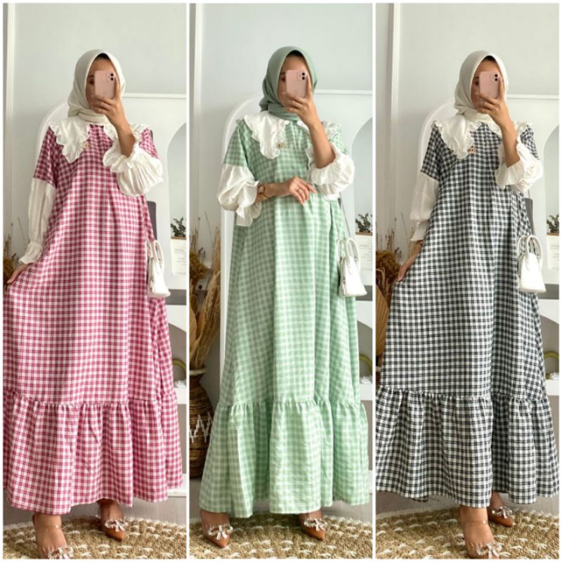 BISA COD AISHA DRESS MIDI DRESS KOTAK KOTAK SQUARE IBOX GAMIS PRADA CRINCKLE KOMBINASI MOTIF POLOS K